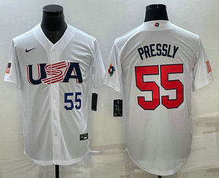 Men%27s USA Baseball #55 Ryan Pressly Number 2023 White World Baseball Classic Stitched Jersey